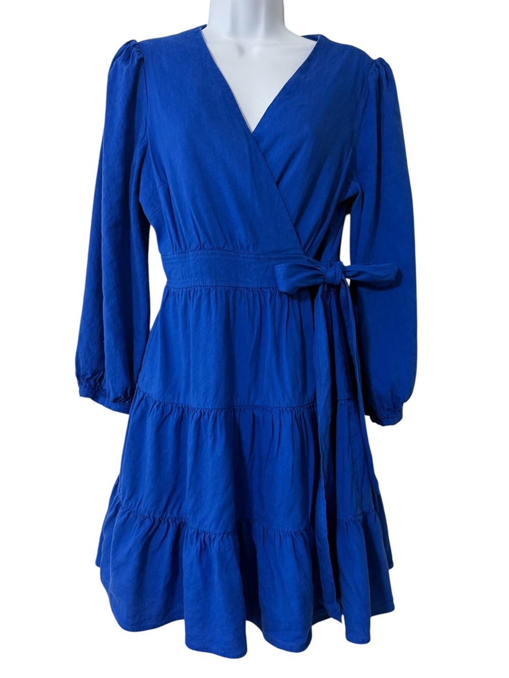 Linen Colbalt Blue Wrap Tiered Long-Sleeve Midi Dress Antonio Melani Size 10